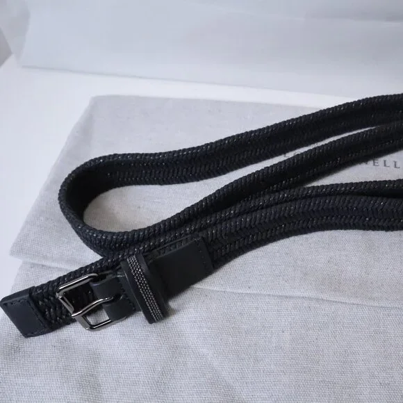 Brunello Cucinelli Belt Black Raffia Monili Leather Trim Stretch Size Medium - Picture 5 of 7
